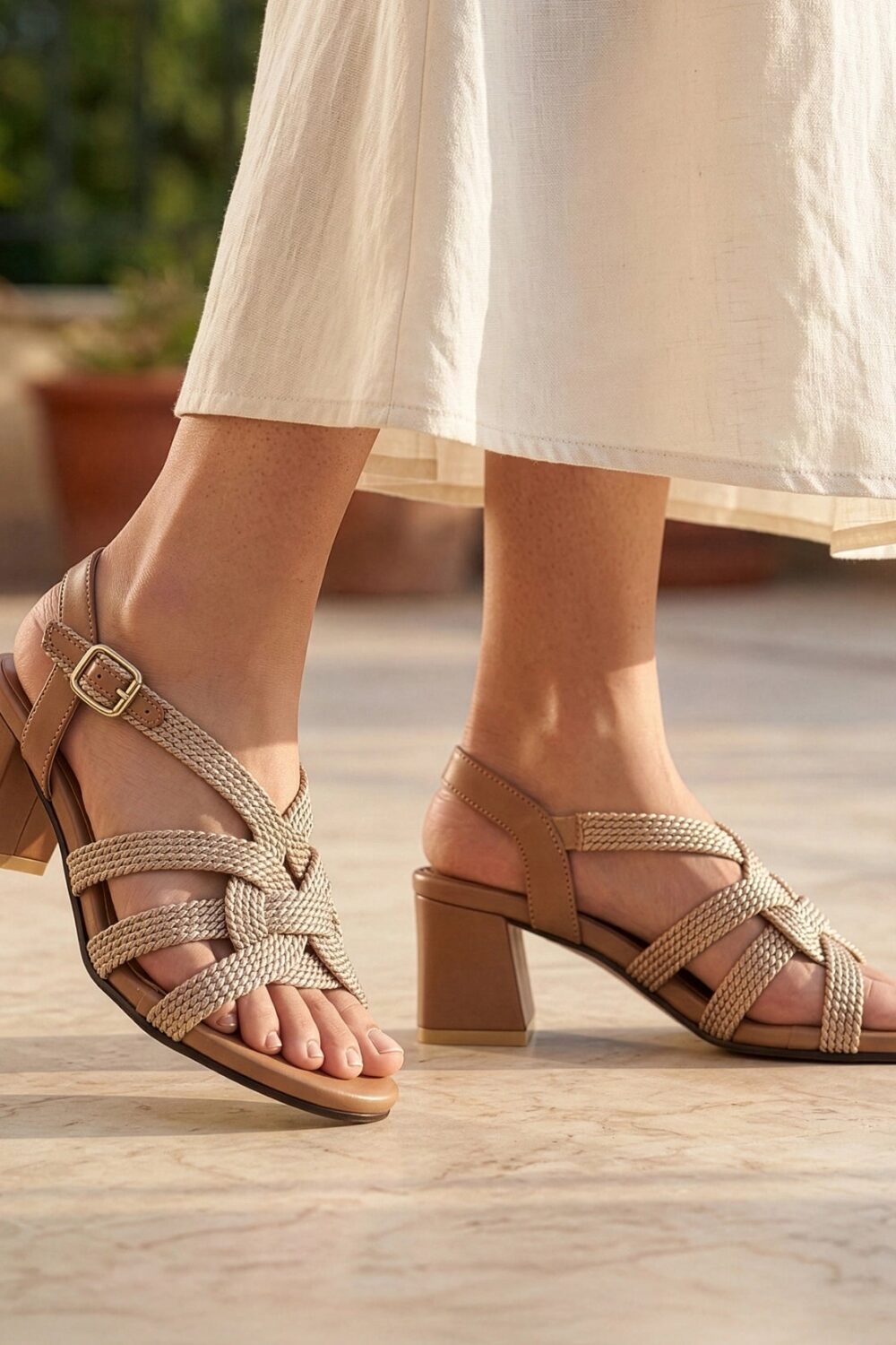 Interwoven Strap Block Heel Sandals - Beige