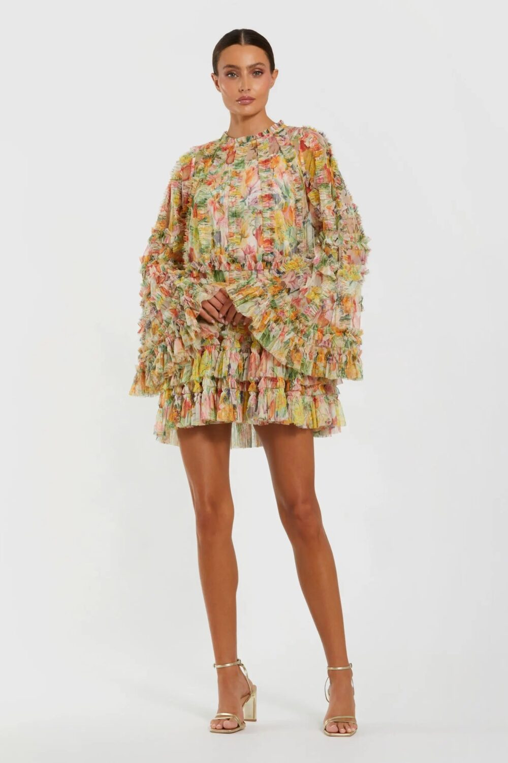 high neck ruffle hem cape mini dress Mac Duggal Mini Dress Long Sleeve High Neck Ruffle Cape 0 XS Gold Formal Party