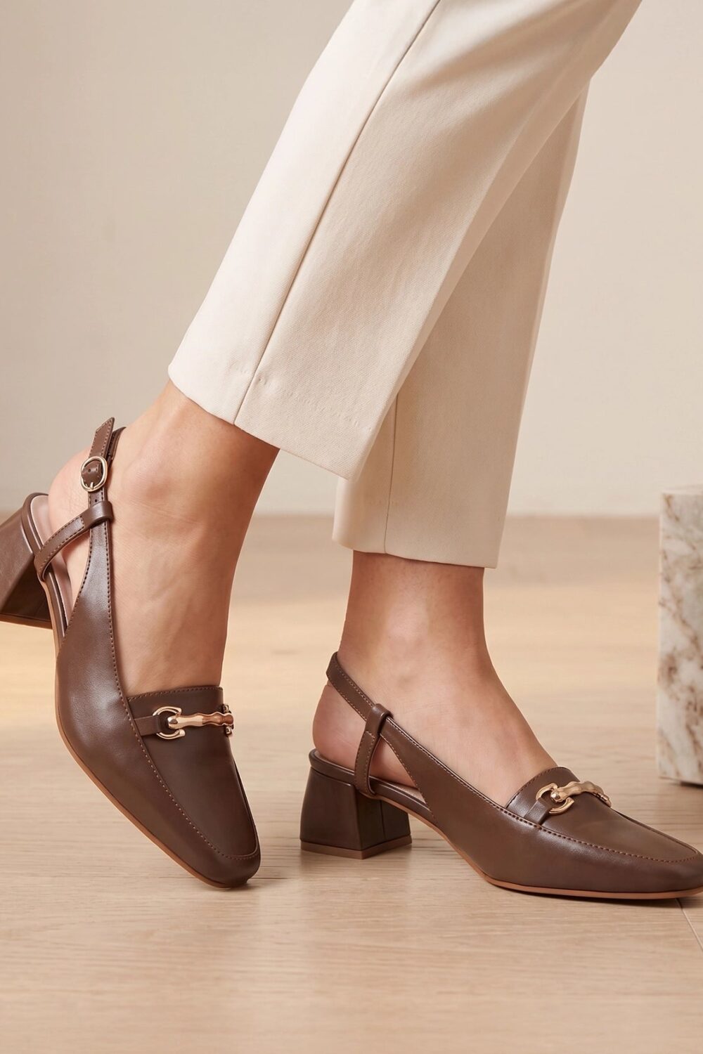 Classic Detail Slingback Heels - Brown