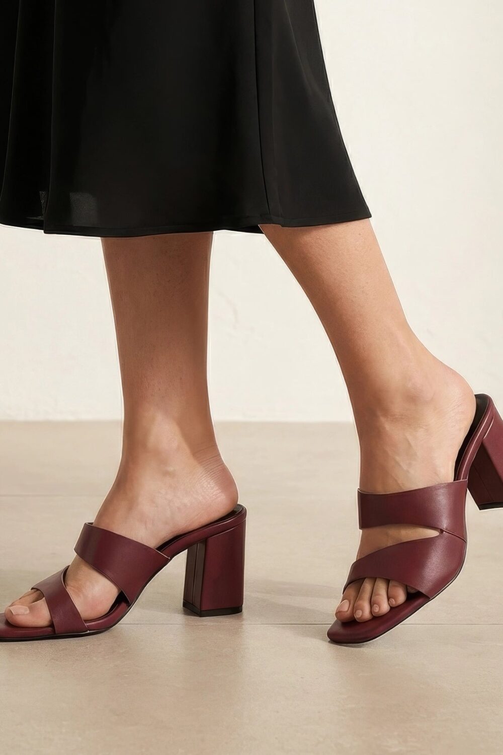 Asymmetric Cutout Block Heeled Slide Sandals - Maroon
