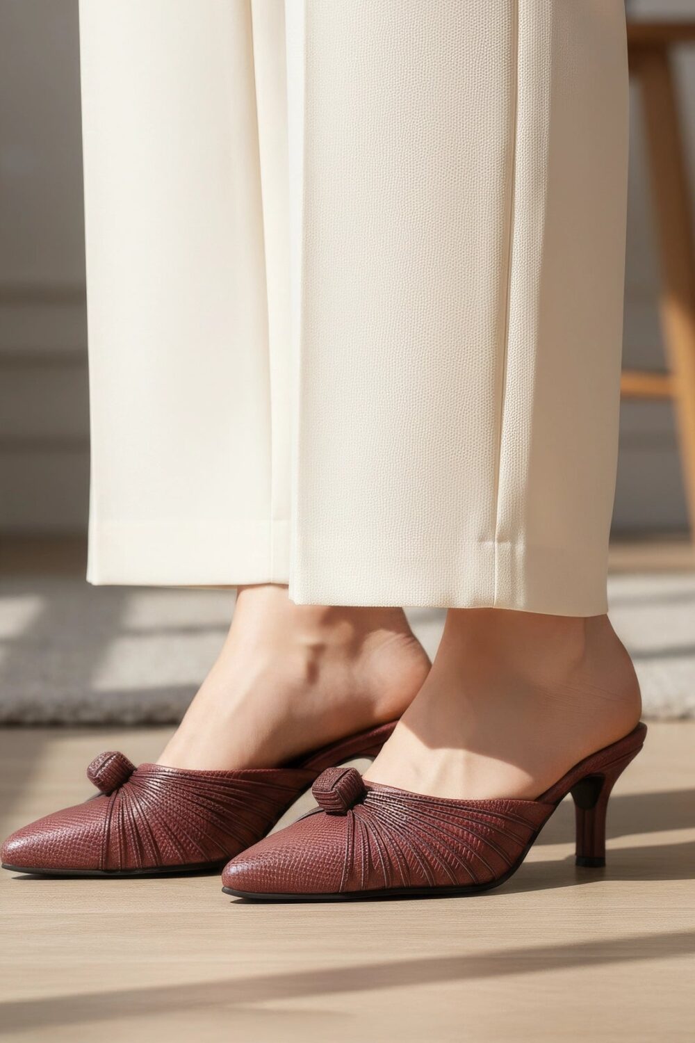 Suede Knotted Stiletto Mules - Wine