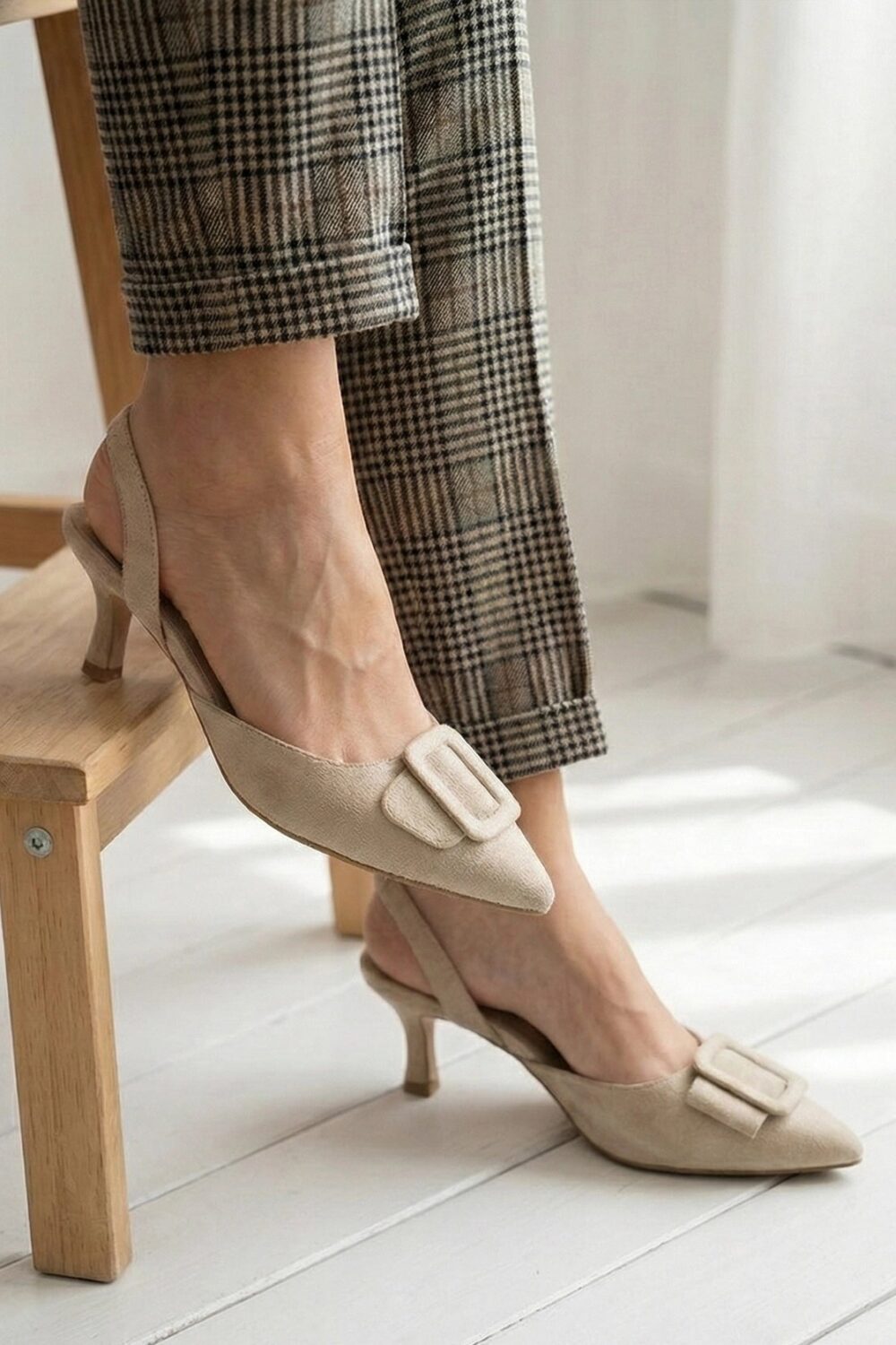 Buckle Pointed Heels - Beige