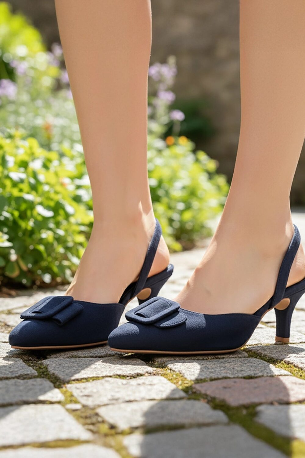 Buckle Pointed Heels - Navy Blue