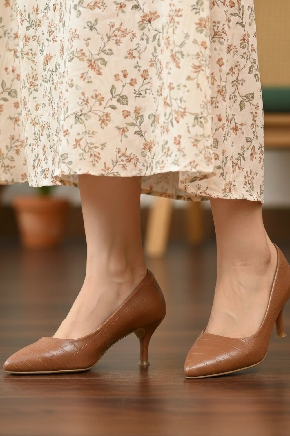 Textured Pointed Toe Pumps - Tan