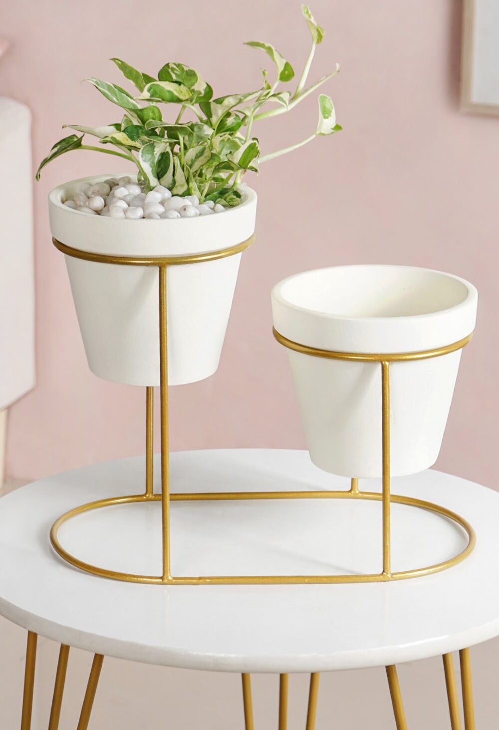 TerraDuo Modern Two Tier Gold Stand With White Planters