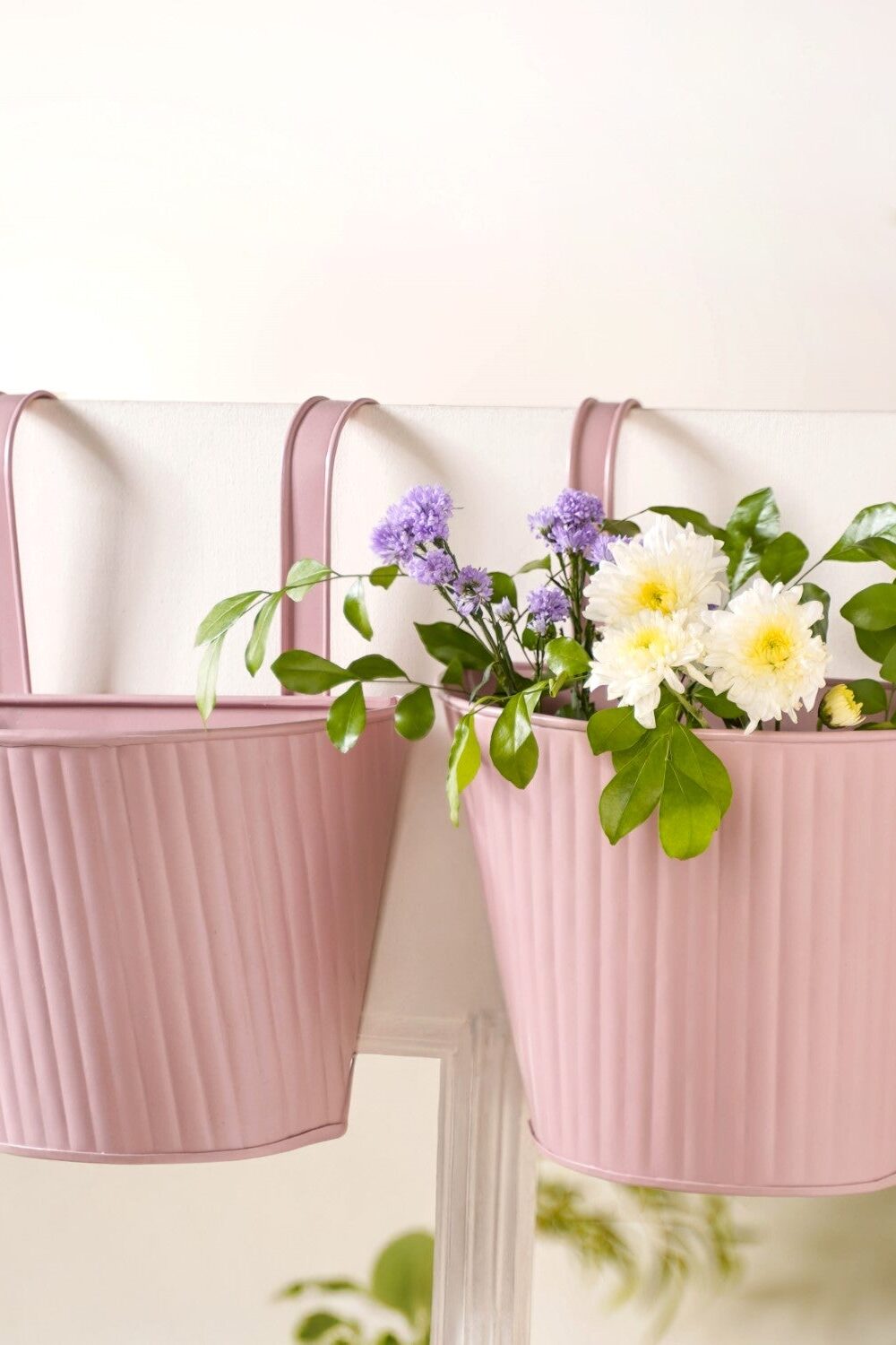 Ribbed Hanging Planter Set Of 2 Dusty Pink