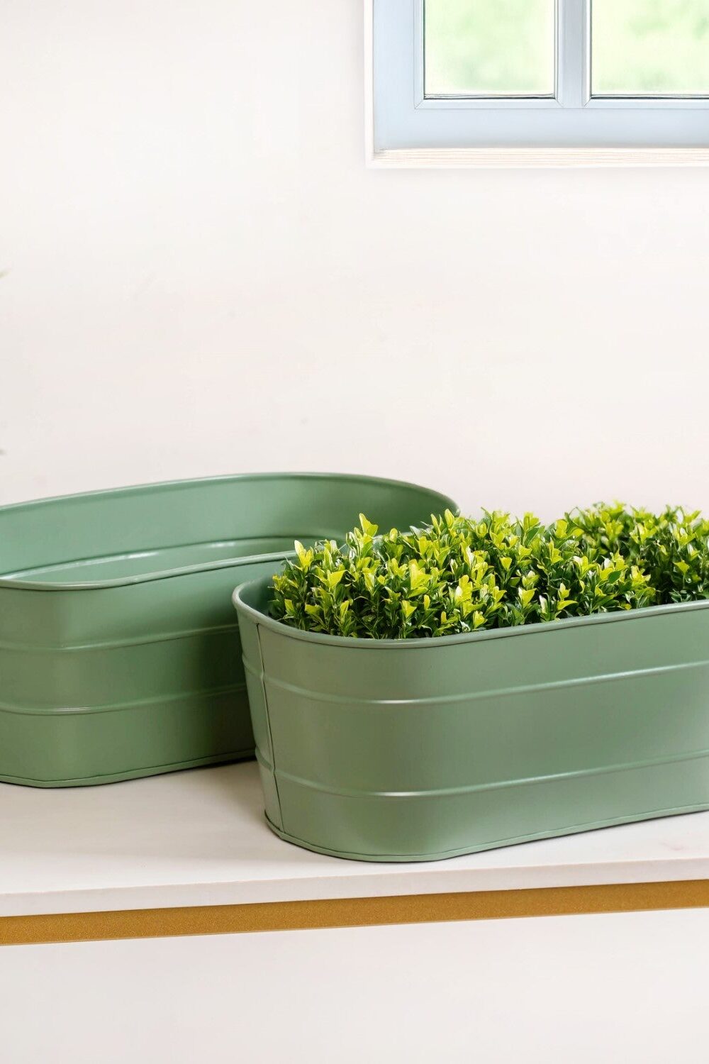 Trough Lined Oval Metal Planter Set Of 2 Sage Green
