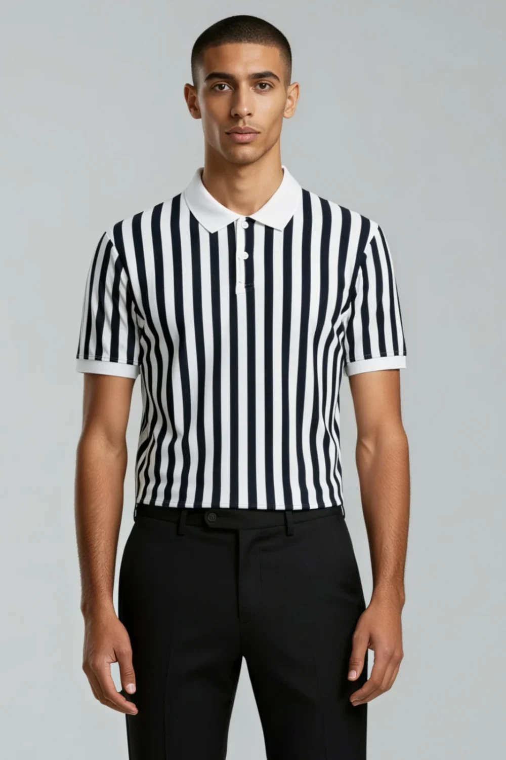 Lufii Metro Vertical Knit Polo – Navy & Ivory Stripes