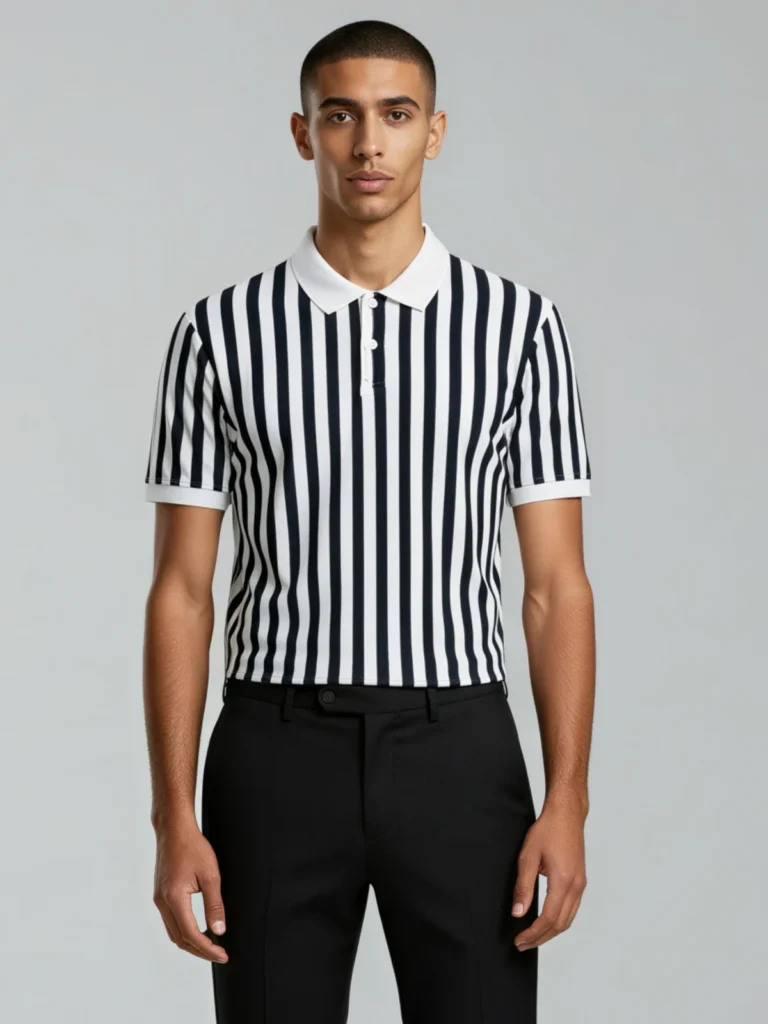 Lufii Metro Vertical Knit Polo – Navy & Ivory Stripes
