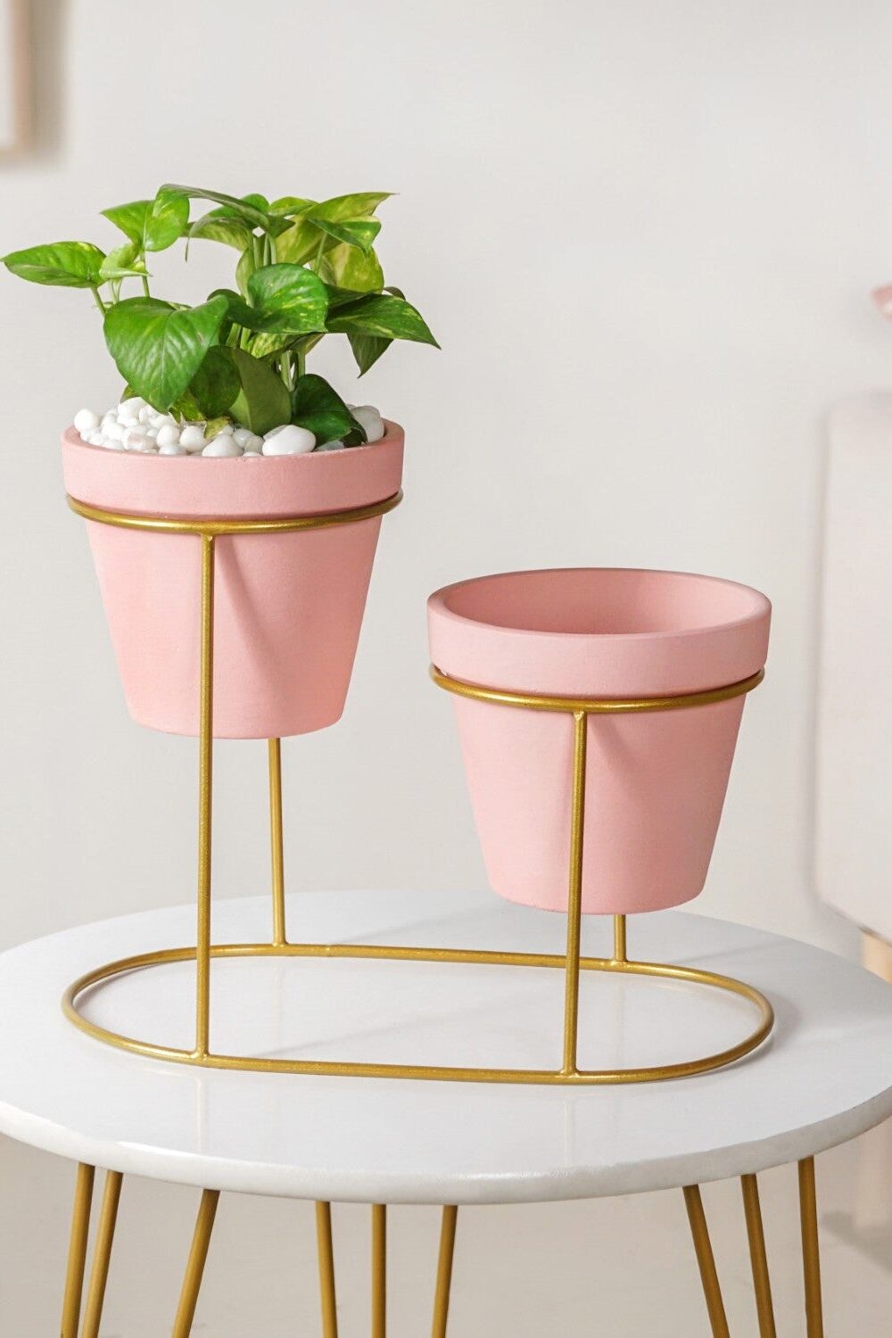 TerraDuo Decorative Planters With Two Tier Gold Stand Pink